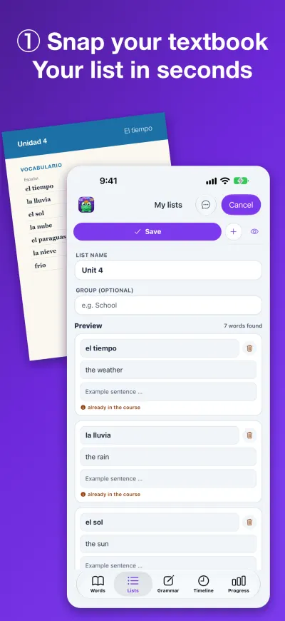 ① Snap your textbook Your list in seconds
